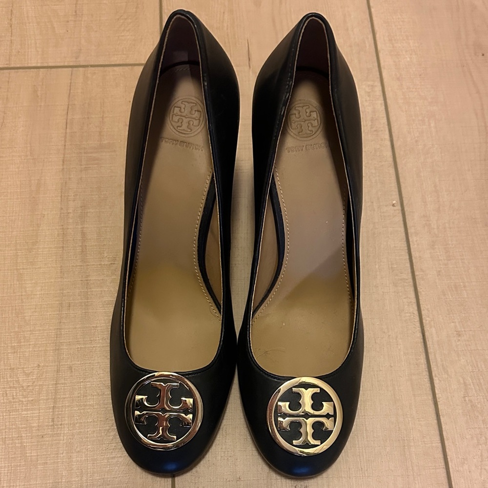 Tory Burch Black Leather Heels with Gold Accents